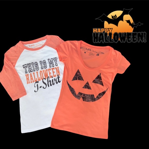 2 Junior Halloween T-shirt jersey tops LOL vintage S L jackolantern costume - Picture 1 of 6